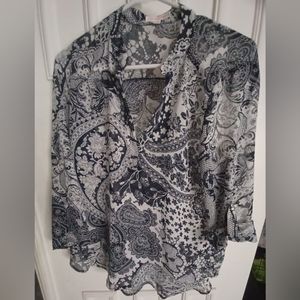 Vintage Pinkline Button Up Blouse Paisley Blue  White Size Large